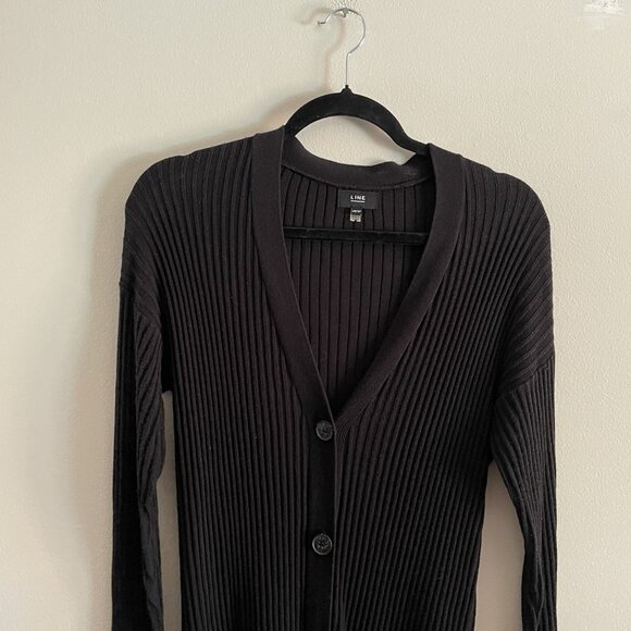 LINE The Label Women XS Black Ribbed Knit Side Slits V-Neck Long Duster Cardigan - Picture 6 of 11